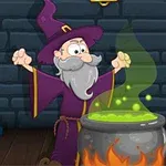 Un mago con sombrero morado y barba larga está frente a un caldero burbujeante en una habitación de piedra