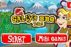 Ilustración colorida de un restaurante de barbacoa con montañas y un lago al fondo, mujer sonriente a la derecha y botones rojos para iniciar o ver más juegos