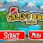 Ilustración colorida de un restaurante de barbacoa con montañas y un lago al fondo, mujer sonriente a la derecha y botones rojos para iniciar o ver más juegos