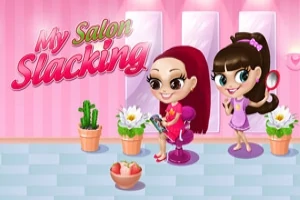 Dos chicas con estilo caricaturesco en un salón de belleza con plantas y espejos de fondo