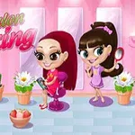 Dos chicas con estilo caricaturesco en un salón de belleza con plantas y espejos de fondo