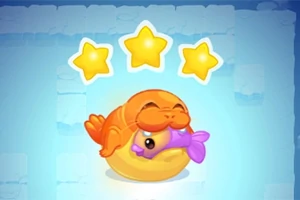 Foca anaranjada abrazando a un pez morado encima de una esfera amarilla con tres estrellas doradas brillando en la parte superior