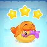 Foca anaranjada abrazando a un pez morado encima de una esfera amarilla con tres estrellas doradas brillando en la parte superior