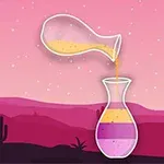 Una jarra vertiendo un líquido de colores en un vaso transparente con un fondo de paisaje desértico en tonos rosados