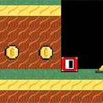 Escena pixelada de un túnel con monedas doradas, un bloque rojo numerado y una caja de madera
