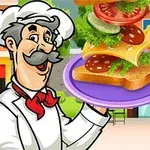 Chef caricaturesco con un sándwich apilado en un plato morado y un botón de reproducción a la derecha