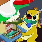 Un personaje animado amarillo prepara un sándwich grande con varios ingredientes