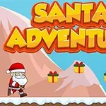 Santa Claus caminando en un paisaje nevado con regalos flotando y un árbol al fondo, con el texto Santa Adventure en la parte superior