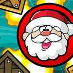 Dibujo de Santa Claus sonriente en un círculo rojo, rodeado de explosiones y cajas de madera
