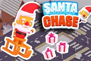 Santa Claus en un trineo de juguete rodeado de regalos en una calle nevada con el texto Santa Chase