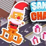 Santa Claus en un trineo de juguete rodeado de regalos en una calle nevada con el texto Santa Chase