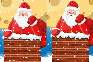 Santa Claus en traje rojo y blanco sobre una chimenea de ladrillos, con nieve cayendo y una luna amarilla de fondo