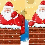 Santa Claus en traje rojo y blanco sobre una chimenea de ladrillos, con nieve cayendo y una luna amarilla de fondo