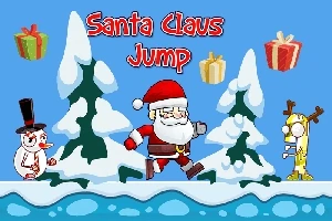 Santa Claus salta entre la nieve rodeado de regalos, junto a un muñeco de nieve y un reno, con árboles nevados de fondo