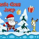 Santa Claus salta entre la nieve rodeado de regalos, junto a un muñeco de nieve y un reno, con árboles nevados de fondo