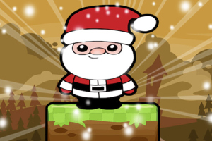 Un personaje estilo caricatura vestido de Santa Claus está de pie sobre un bloque de hierba con un fondo de montaña y nieve cayendo