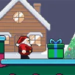 Santa Claus junto a un regalo verde con un lazo azul, frente a un árbol de Navidad decorado y una casa de madera en un paisaje nevado