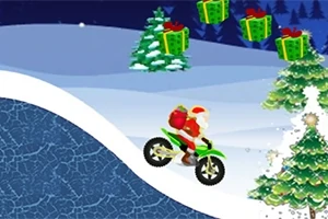 Santa Claus en motocicleta verde en un paisaje nevado con árboles de Navidad y regalos flotantes