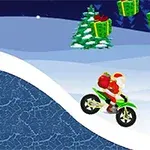 Santa Claus en motocicleta verde en un paisaje nevado con árboles de Navidad y regalos flotantes
