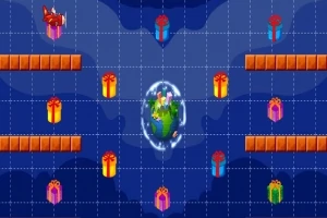 Un mapa de fondo azul con cuadrícula que muestra plataformas naranjas, varios regalos de colores y un planeta en el centro