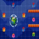 Un mapa de fondo azul con cuadrícula que muestra plataformas naranjas, varios regalos de colores y un planeta en el centro