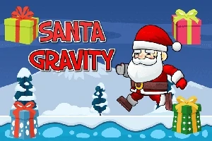 Santa Claus corriendo en un paisaje nevado con regalos flotantes a los lados