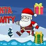 Santa Claus corriendo en un paisaje nevado con regalos flotantes a los lados