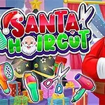 Santa Claus con herramientas de peluquería y regalos en el fondo, con un letrero colorido