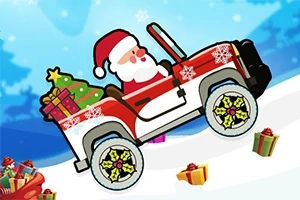 Santa Claus conduciendo un jeep rojo en la nieve con regalos y un árbol de Navidad en la parte trasera