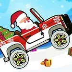 Santa Claus conduciendo un jeep rojo en la nieve con regalos y un árbol de Navidad en la parte trasera