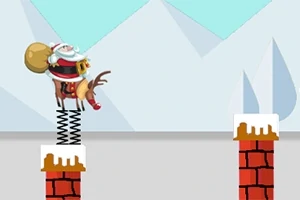 Santa Claus montado en un reno con resortes, saltando entre chimeneas cubiertas de nieve en un paisaje nevado