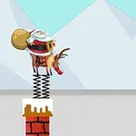 Santa Claus montado en un reno con resortes, saltando entre chimeneas cubiertas de nieve en un paisaje nevado