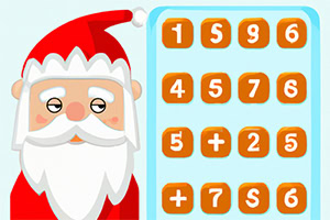 Santa Claus con un sombrero rojo a la izquierda y un panel de números y símbolos matemáticos a la derecha sobre un fondo azul claro
