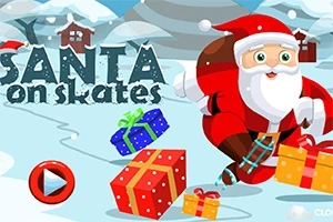 Santa Claus patinando en la nieve con regalos y casas nevadas al fondo