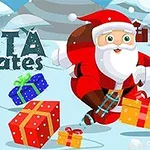 Santa Claus patinando en la nieve con regalos y casas nevadas al fondo