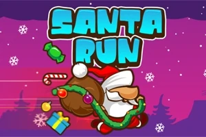 Santa Claus corriendo con un saco de regalos y bastones de caramelo, rodeado de nieve y dulces, con un fondo morado y el texto Santa Run
