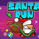 Santa Claus corriendo con un saco de regalos y bastones de caramelo, rodeado de nieve y dulces, con un fondo morado y el texto Santa Run