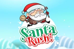 Una ilustración de Santa Claus animado con un saco de regalos y un bastón, sobre un fondo azul celeste con un logo festivo que dice Santa Rush!