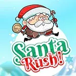 Una ilustración de Santa Claus animado con un saco de regalos y un bastón, sobre un fondo azul celeste con un logo festivo que dice Santa Rush!