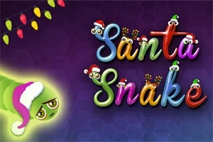 Serpiente verde con gorro de Santa mirando hacia el texto colorido Santa Snake con adornos navideños