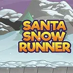 Santa Claus corriendo en un paisaje nevado con montañas y árboles, junto a un gran texto que dice Santa Snow Runner