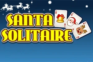 Texto “Santa Solitaire” en amarillo con cartas navideñas y silueta de renos en el cielo sobre un fondo azul