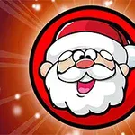 Dibujo de un santa sonriente dentro de un círculo rojo con un fondo brillante y festivo