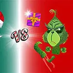 Ilustración de un enfrentamiento entre un Santa Claus caricaturizado y un personaje verde, con un regalo y el texto VS en el centro