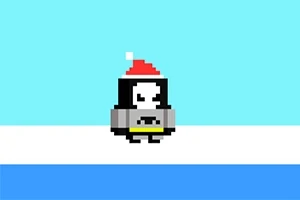 Pingüino pixelado con gorro rojo parado sobre hielo, fondo azul claro