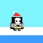 Pingüino pixelado con gorro rojo parado sobre hielo, fondo azul claro
