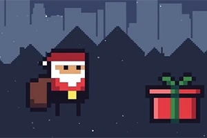 Personaje pixelado vestido de Santa Claus junto a un regalo en un paisaje urbano nocturno