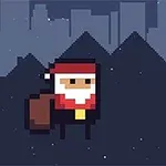 Personaje pixelado vestido de Santa Claus junto a un regalo en un paisaje urbano nocturno