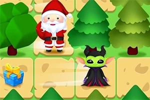 Santa Claus y un personaje de ficción junto a árboles y un regalo sobre una cuadrícula de terreno