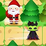 Santa Claus y un personaje de ficción junto a árboles y un regalo sobre una cuadrícula de terreno